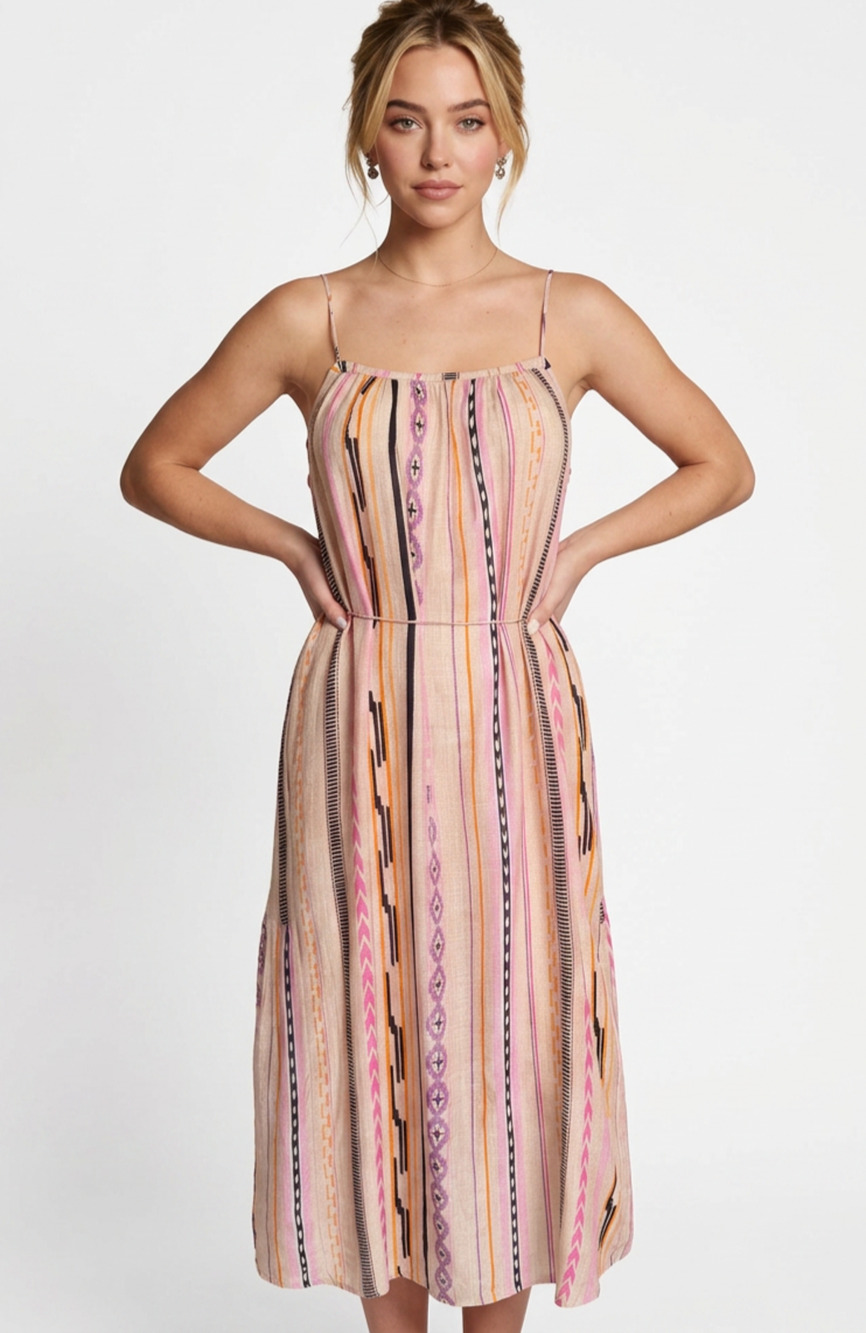 Maria Cher Midi Dress Leana Ikat Stripe Cupro Spaghetti Strap Boho Small